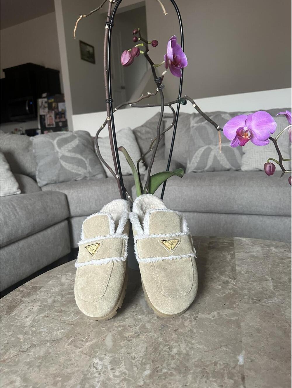 Prada Women's Natural Shearling-Lined Suede Mules Size 40